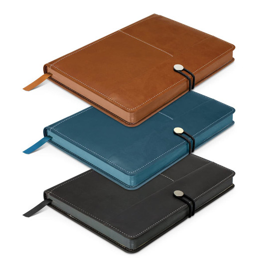 A collection of three notebooks in brown, teal, and black, featuring a smooth finish and a secure closure.