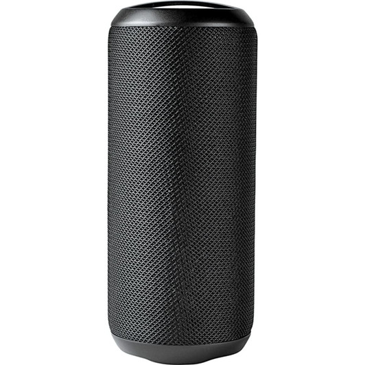 A black rugged fabric waterproof Bluetooth speaker with a textured surface and a cylindrical shape.