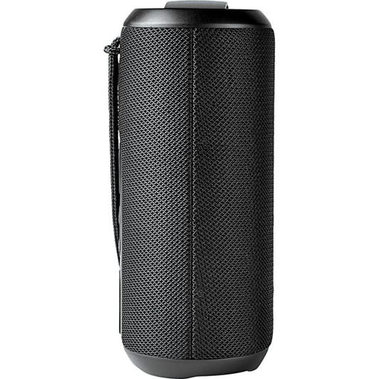 A black rugged fabric waterproof Bluetooth speaker with a textured surface and a carrying strap.