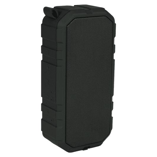 A rugged black outdoor waterproof Bluetooth speaker with a textured surface and a logo on the side.