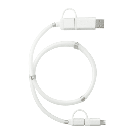 A white 5-in-1 charging cable with magnetic wrap and connectors for various devices, featuring a simple design.