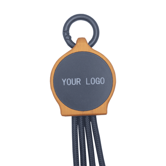 A bamboo charging device with black RPET cables, featuring a round area for a logo.