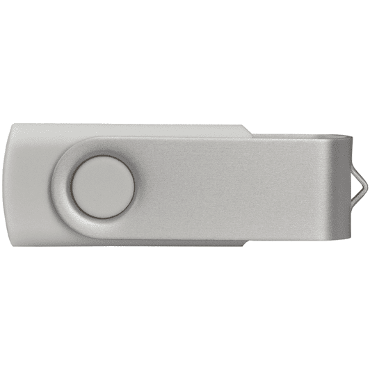 A silver and grey USB flash drive with a rotating design and a detachable clip. It has a branding logo.