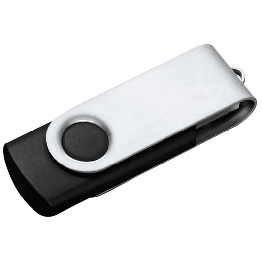 A black and silver rotating USB flash drive, featuring a clip and a branding logo. Capacity is 32GB.