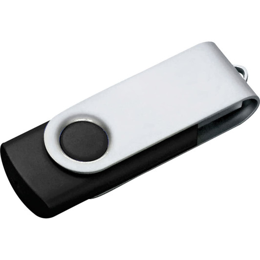 A USB flash drive with a silver and black design, featuring a swivelling cover and a logo.