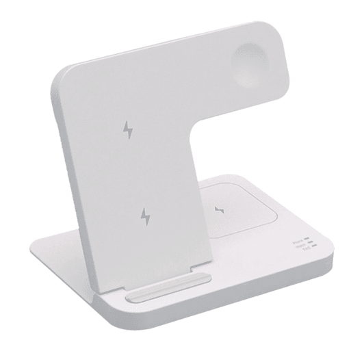 A foldable wireless charger in white, featuring multiple charging surfaces and a sleek, modern design.