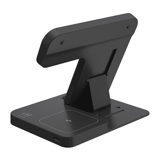 A black 3-in-1 foldable wireless charger with a stand, featuring a logo and multiple charging ports.