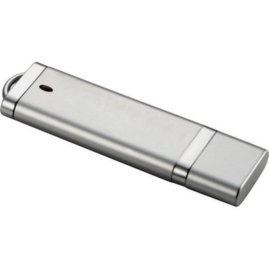 A silver USB flash drive with a sleek design. It features a small hole for attaching a keychain and has a logo.