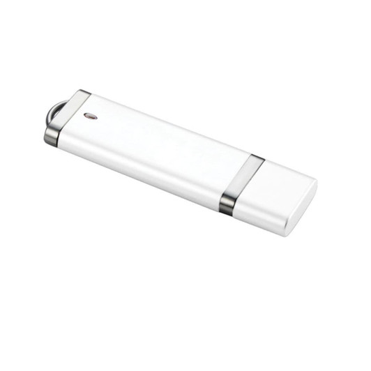 A white USB flash drive with a sleek design and metallic accents. It features a branding logo.