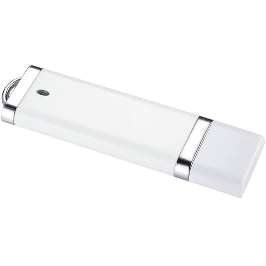 A white USB flash drive with a silver trim, featuring a logo on one side. It has 8 GB of storage capacity.