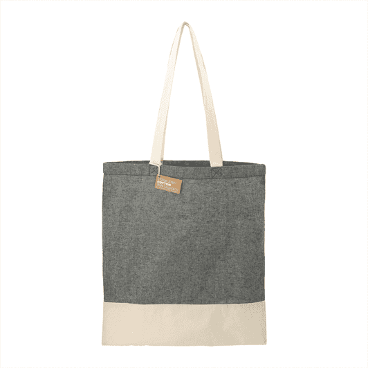 A grey and cream tote bag made from recycled cotton twill, featuring a logo and two sturdy handles.
