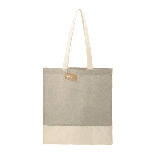 A grey and cream recycled cotton twill tote bag with long handles and a branding tag.
