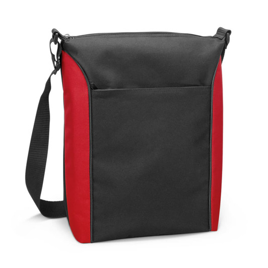 A cooler bag with a black front and red sides, featuring a shoulder strap and a front pocket.
