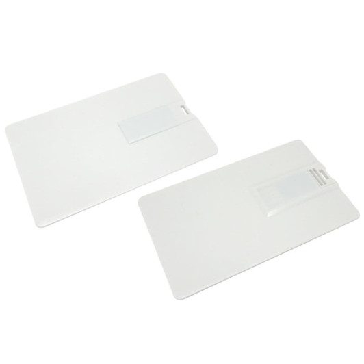 A pair of white Superslim Credit Card USB flash drives, each with a sleek, minimalist design and a branding logo.