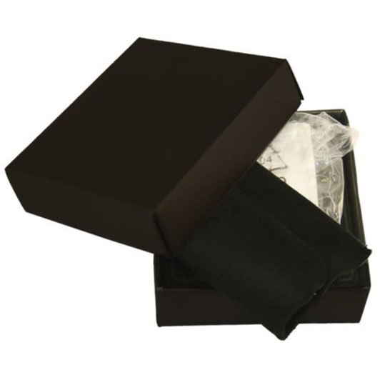 A black box partially open, revealing a black pouch inside, likely for a business card holder.