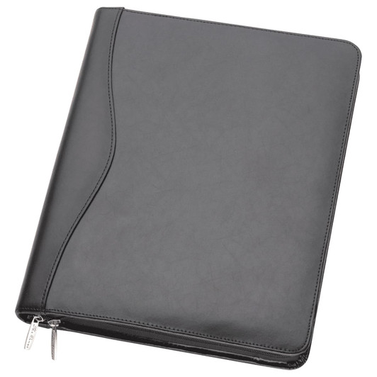 A black leather compendium featuring a zip closure and a stylish, curved design, includes a logo.