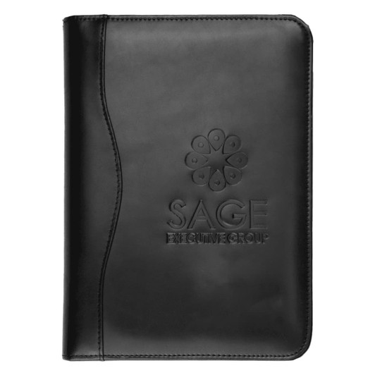 A black leather A5 compendium with an embossed logo on the front, featuring a sleek design.