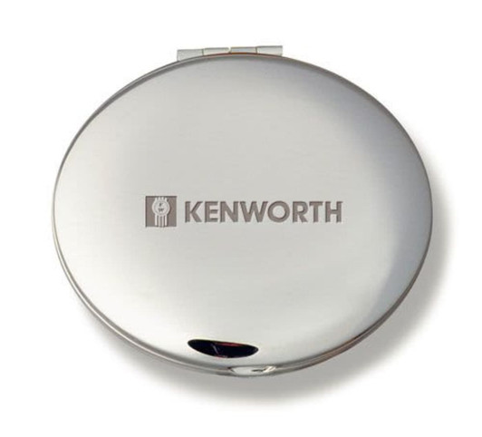 A silver compact mirror with a shiny finish and a logo on the front.