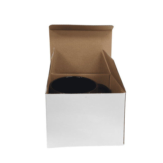 A white standard box with an open lid, containing a black cylindrical object inside.
