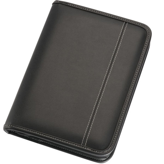 A5 zippered compendium in black with white stitching, featuring a sleek, professional design and a logo.
