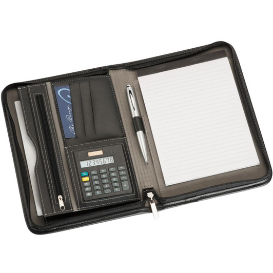 A5 zippered compendium in black, featuring a calculator, notepad, pen, and card slots. Includes a logo.