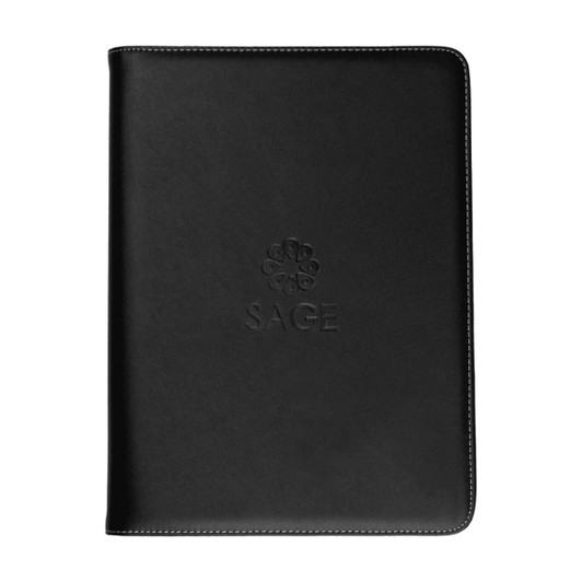 A black imitation leather zip compendium featuring a logo on the front, suitable for office and business use.
