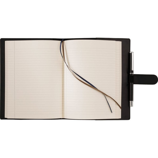 A large black journal book with lined pages, a ribbon bookmark, and a pen attached. It features a logo.