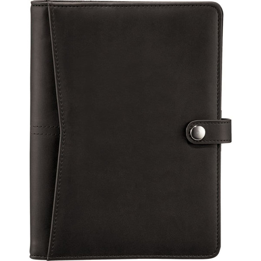 A black padfolio featuring a snap closure, designed for office and business use with an included logo.