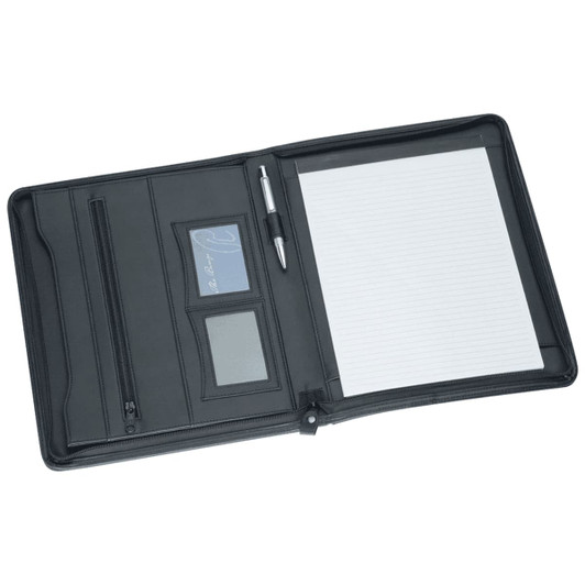 A black imitation leather zip compendium with card slots, a pen, and a notepad. Features a zip closure and logo.