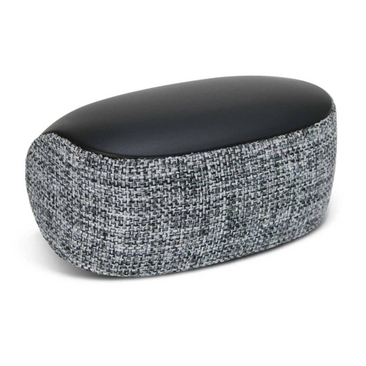 A Bluetooth speaker with a rounded black top and a textured grey fabric base, featuring a subtle logo.