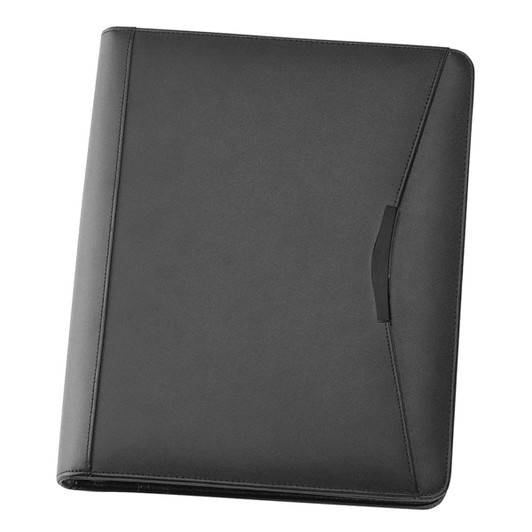 A black bonded leather compendium featuring a smooth finish and a subtle logo.