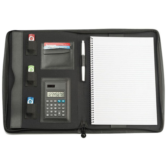 A black imitation leather compendium featuring a calculator, notepad, pen, and pockets for cards and notes.