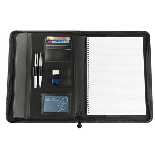 A black imitation leather compendium with a notepad, card slots, and two pens. It features a zip closure and branding.