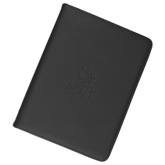 A black imitation leather compendium with a logo on the front. Suitable for office and business use.