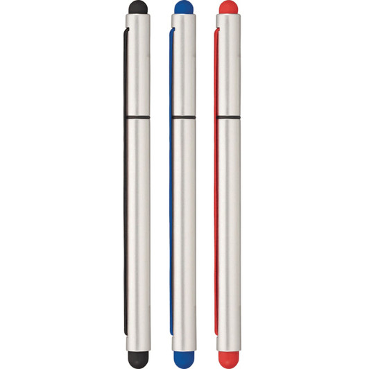 A set of three stylus pens in black, blue, and red, featuring a metallic silver body and a logo.