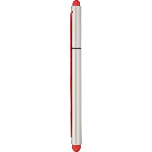 A silver and red stylus pen with a sleek design and rounded tips on both ends, featuring a logo.