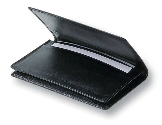 A black leather business card holder featuring two slots for cards and an open design.