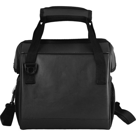 A black lunch cooler with a sturdy handle, featuring a sleek design and shoulder strap. It has a logo on the side.