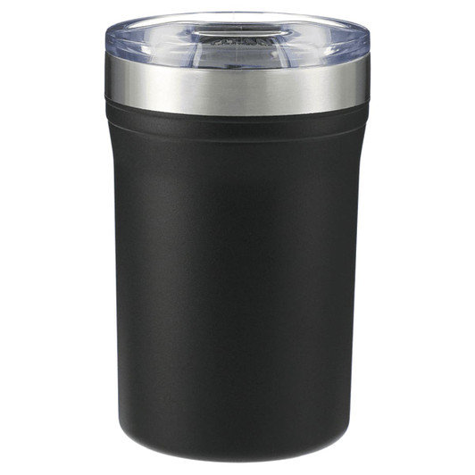 A drink bottle with a black body and a silver rim, featuring a clear lid and a logo on the front.