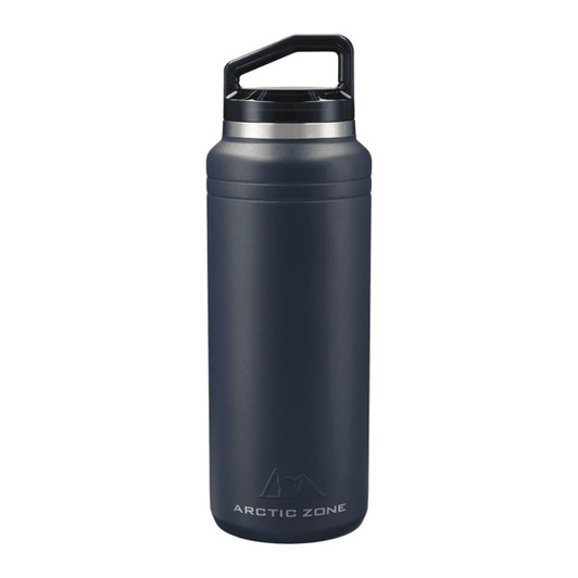 A drink bottle in dark navy with a stainless steel lid and a handle, featuring a logo on the front.