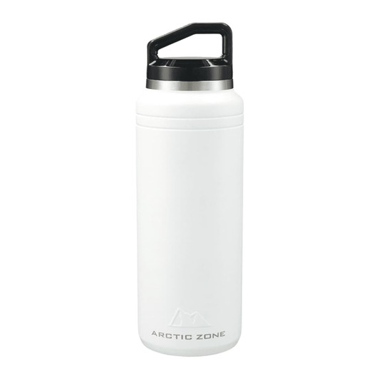 A drink bottle made of stainless steel, featuring a white body and a black lid, designed for keeping beverages cold.