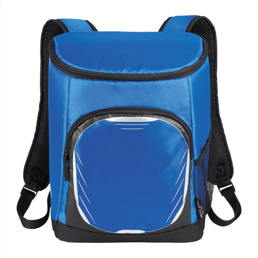A blue cooler backpack featuring a front pocket and dual shoulder straps. It has a logo on the front.