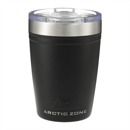 A drink tumbler in matte black with a stainless steel lid, featuring a logo on the front.