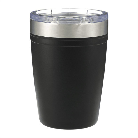 A drink bottle featuring a sleek black design with a transparent lid and metallic band, branded logo included.
