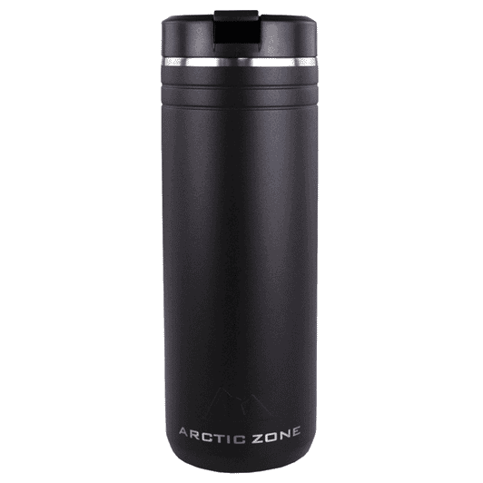 A drink bottle in matte black with a silver band and a lid, featuring a logo. Suitable for thermal beverages.