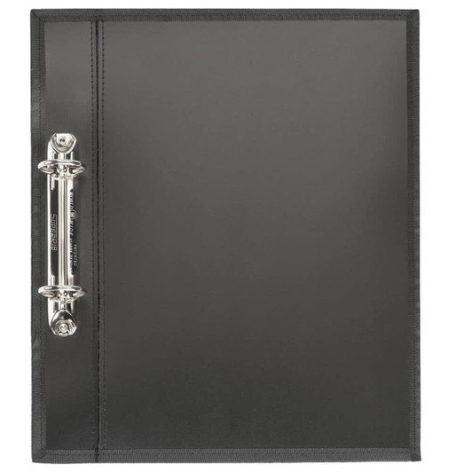 A black two-ring binder with a silver metal mechanism on the left side and a plain exterior.