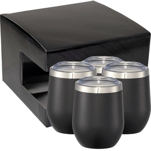 A gift box containing four black drinkware tumblers with clear lids and a silver rim. The box is also black.