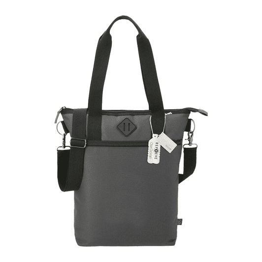 A grey laptop tote bag made from Repreve recycled material, featuring adjustable straps and a logo.