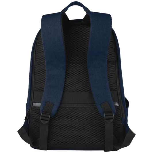 A navy blue laptop backpack featuring padded straps and a mesh back panel, designed for comfort and anti-theft protection.