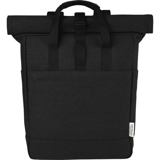 A black recycled canvas backpack tote with dual straps and a roll-top design, featuring a logo.